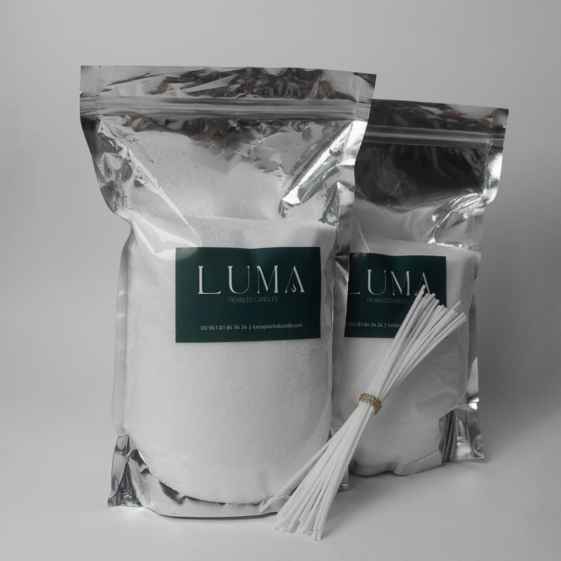 2 kg white pearled candle bag + Luma wicks large 15 cm – 10 wicks